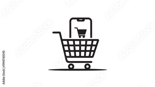 Ecommerce Shopping Cart With Mobile Phone Icon – Online Store, Digital Retail, Mobile Shopping Concept Vector