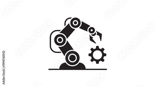 Industrial Robotic Arm With Gear Icon – Automation, Robotics Engineering, Smart Manufacturing Technology Vector