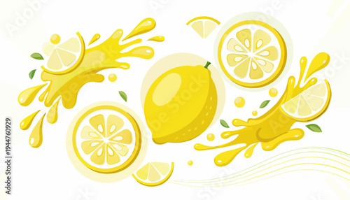 Vibrant Lemon Splash Illustration Dynamic Citrus Fruits, Slices, and Juicy Splatters Representing Refreshment and Zesty Flavor for Beverages and Culinary Designs