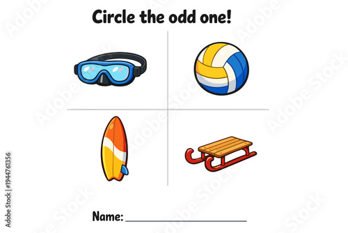 Educational activity sheet for kids to identify the odd one out  