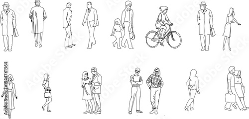 Technical illustration showing various human figure silhouettes in different activities including standing, walking, cycling, families and couples in line art style.