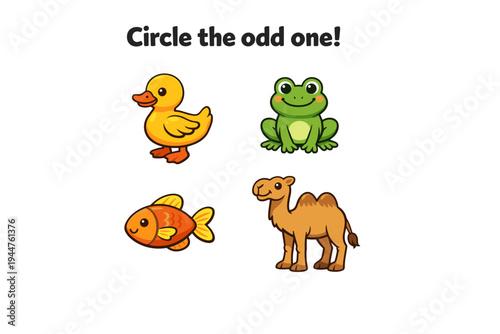 Cartoon animals in a puzzle asking to identify the odd one out  