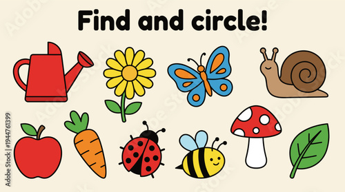 Colorful children's activity illustration with garden objects and insects  