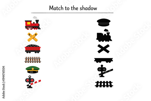 Cartoon train and railway elements for matching game activity  