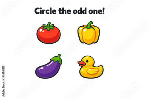 Cartoon vegetables and rubber duck with text for kids activity  