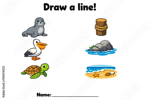Sea animals and objects illustration for children's activity sheet  