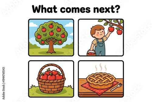 Young boy picking apples from tree in educational illustration  