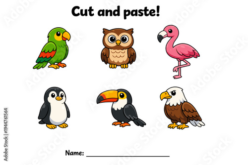 Colorful cartoon birds for cut and paste activity sheet  