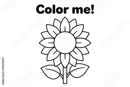 Illustration of a sunflower with 'Color me!' text for kids  