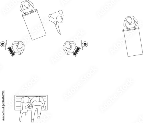 Technical illustration showing human figures in plan view seated at desks and tables working with computers and documents in office workspace layout.