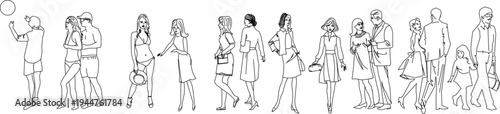 Technical illustration showing various human figure silhouettes in different activities including couples, families, individuals walking, talking and taking photos in line art.