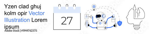 Artificial intelligence, automation, innovation, date tracking, task management, future technology. Robot connecting tasks, calendar with date. AI and automation concepts visually