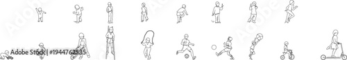 Technical illustration showing various human figure silhouettes in active poses including walking, running, playing sports, cycling and scooter riding in line art style.