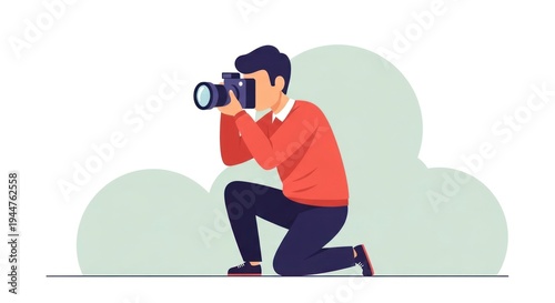 Photographer taking picture kneeling with camera against green background