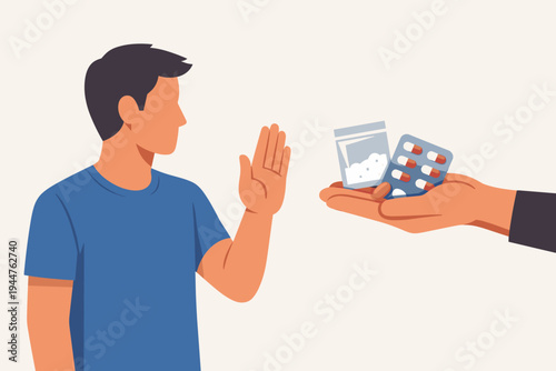Vector illustration of a young man making a stop hand gesture to reject an offer of illegal drugs like pills and powder, highlighting drug prevention, substance abuse awareness, and healthy life.