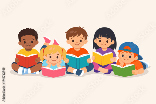 Diverse group of happy children sitting and lying down while reading colorful books together. Flat vector illustration of multiethnic kids enjoying literature for education, school, and literacy.