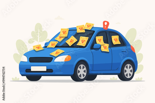 Blue Car Covered in Multiple Yellow Parking Tickets and Traffic Violation Fines, Simple Flat Vector Illustration of a Vehicle with Numerous Citations on Windshield and Windows, Parking Penalty.