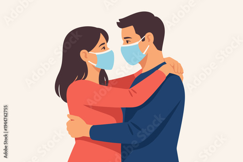 Vector Illustration of a Loving Young Couple Wearing Protective Medical Face Masks Hugging and Looking into Each Other's Eyes, Concept of Love and Intimacy During Global Pandemic and Safety Measures