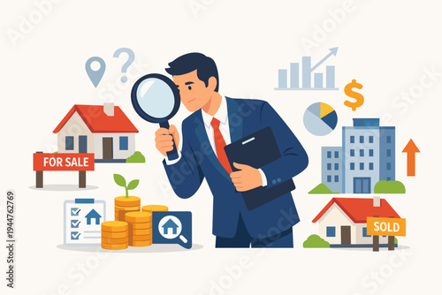 Real Estate Agent in Suit Using Magnifying Glass to Analyze Property Market Deals with Houses, Buildings, Gold Coins, and Financial Charts for Investment Strategy Flat Vector Illustration