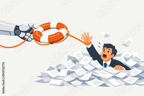 Robot Hand with Lifebuoy Rescuing Businessman Drowning in Pile of Papers, AI Automation Assisting with Administrative Tasks, Workload Management, and Digital Transformation in a Modern Office.