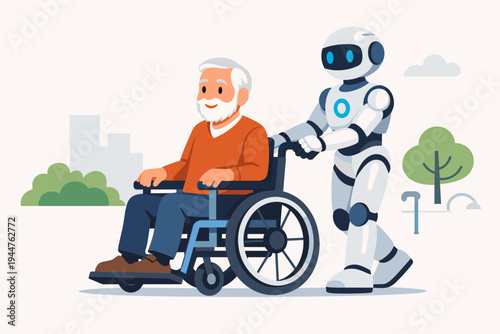 Robot Assistant Pushing Elderly Disabled Man in Wheelchair, Flat Vector Illustration of Future Healthcare Technology, Robotic Caregiving for Seniors, Artificial Intelligence Medical Assistance