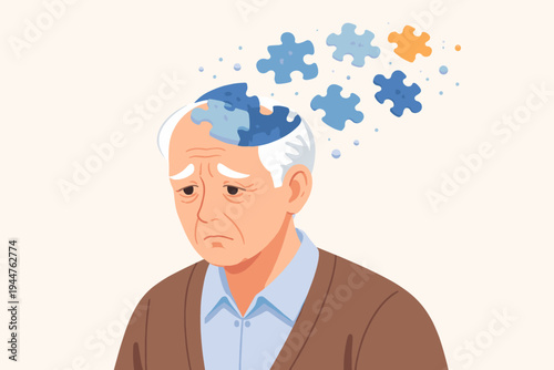 Vector illustration of a senior man with puzzle pieces floating away from his head, symbolizing memory loss, dementia, Alzheimer's disease, cognitive decline, and decreased brain function.