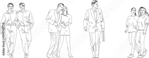 Technical illustration showing various human figure couples and individuals in casual and formal wear including suits and casual clothing in line art style.