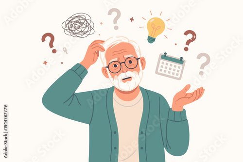 Confused Senior Man with Memory Loss and Dementia Symptoms, Elderly Male Character Scratching Head with Question Marks and Calendar, Flat Vector Illustration of Cognitive Decline and Aging.
