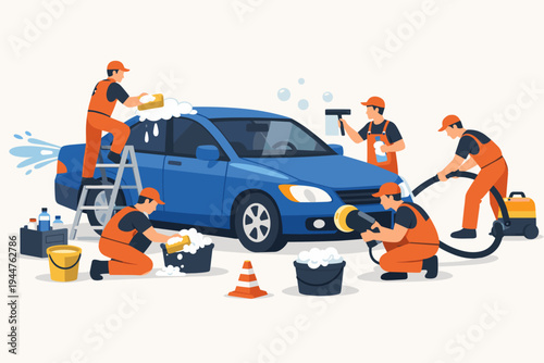 Team of professional workers in orange uniforms providing a full car wash and detailing service for a blue sedan using sponges, vacuum, and polishers in a clean flat vector illustration style.