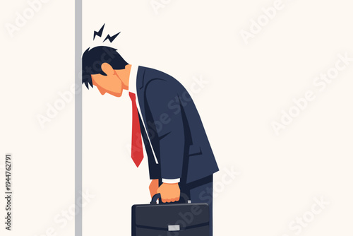 Stressed Businessman in Suit Banging Head Against Wall in Frustration and Despair, Flat Vector Illustration of Work Pressure, Professional Burnout, Failure, and Mental Health Struggles at Office.
