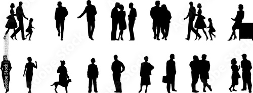 Technical illustration showing various human figure silhouettes in different activities including walking, standing, couples, families with children and pets in black outline.