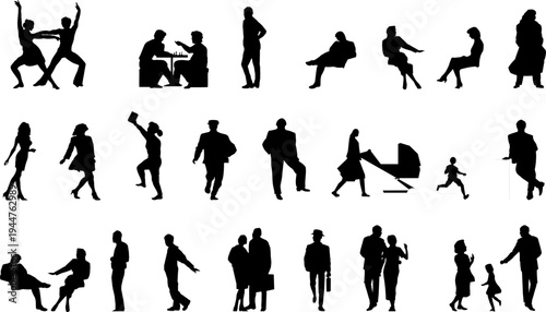 Technical illustration showing various human figure silhouettes in different activities including dancing, sitting, walking, standing and family groups in black outline.