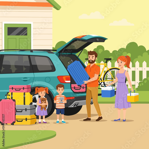 Happy family packing car for vacation trip flat design vector illustration