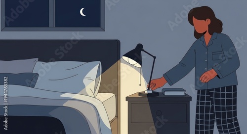 Woman turning off bedside lamp at night in bedroom illustration