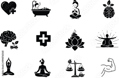 Black silhouette icons of various spiritual and wellness symbols on white background