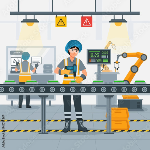 Female factory worker operating robotic arm in industrial automation vector illustration