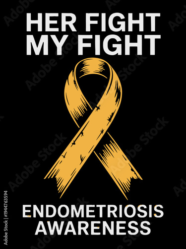 A yellow ribbon is displayed on a brown background with text highlighting endometriosis awareness.