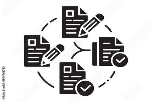 Document workflow concept icon showing content creation and approval process through symbols of paper pages pencils and checkmarks arranged in circular cycle on transparent background grid