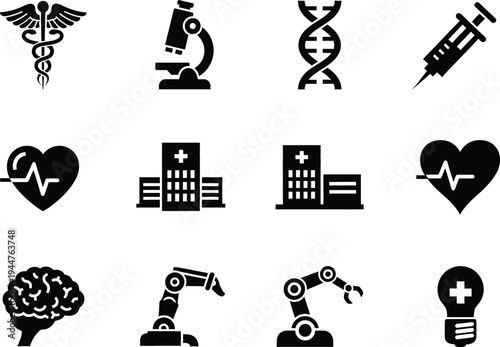 Medical and industrial silhouette icons set