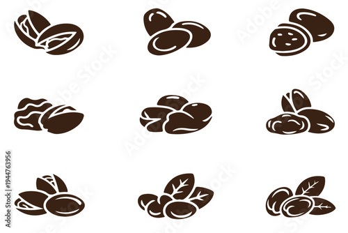 Group of nine brown silhouette icons showing various groupings of nuts and coffee beans presented in a grid layout