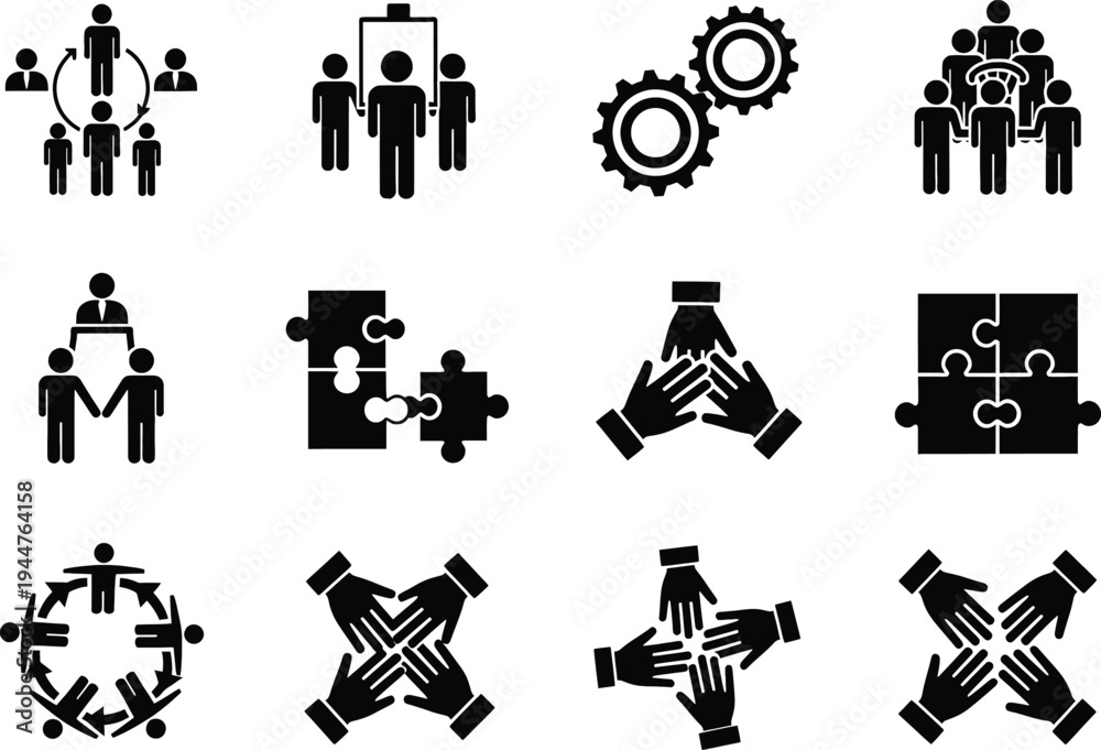Fototapeta premium Business teamwork and partnership silhouette icons set for companies and organizations