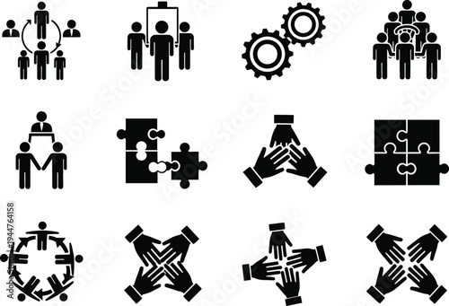 Business teamwork and partnership silhouette icons set for companies and organizations