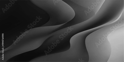 Smooth wave of luxury black silk fabric creates a soft dark abstract background with a silver light pattern and elegant curves for a modern textile design wallpaper backdrop