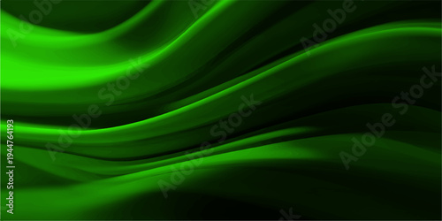 Abstract green waves with a smooth silk texture and flowing liquid motion create a soft satin backdrop design featuring a light blue pattern on a curved fabric textile wallpaper illustration