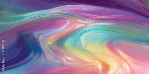 An abstract colorful background features vibrant rainbow waves and digital fractal lines that create a motion of light and energy through a bright blue and green swirl texture design