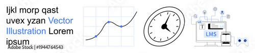 Education, data analytics, growth tracking, time management, e-learning, professional training. Line graph, clock and LMS interface with devices. Data analytics and time management concept