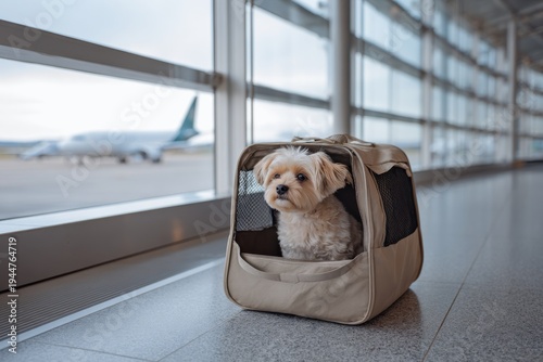 small fluffy dog sitting inside a soft travel carrier placed on the airport floor beside large terminal windows with airplane visible outside