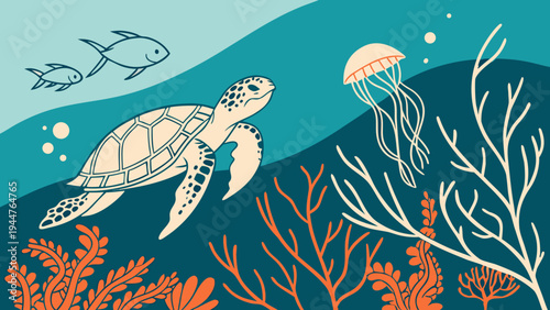 Cute sea turtle swimming with fish and jellyfish over coral reef in turquoise ocean flat vector illustration