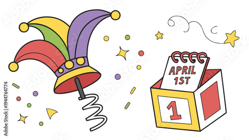 April fools day jack in the box hat popping with confetti and calendar date festive cartoon illustration