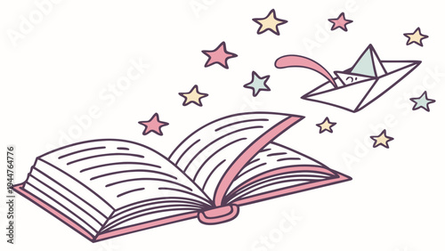 Magic book with paper airplane flying out and stars fantasy imagination concept hand drawn illustration